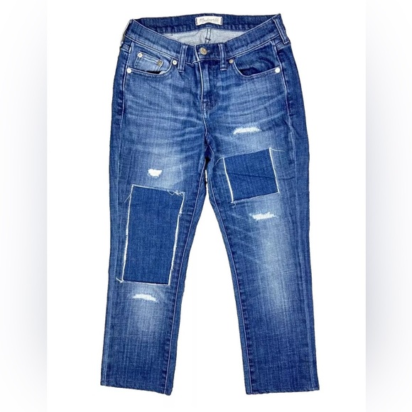 Madewell Jeans Size 25 Slim Boy Jean Patchwork Distressed Denim Mid Rise Stretch - Picture 2 of 10